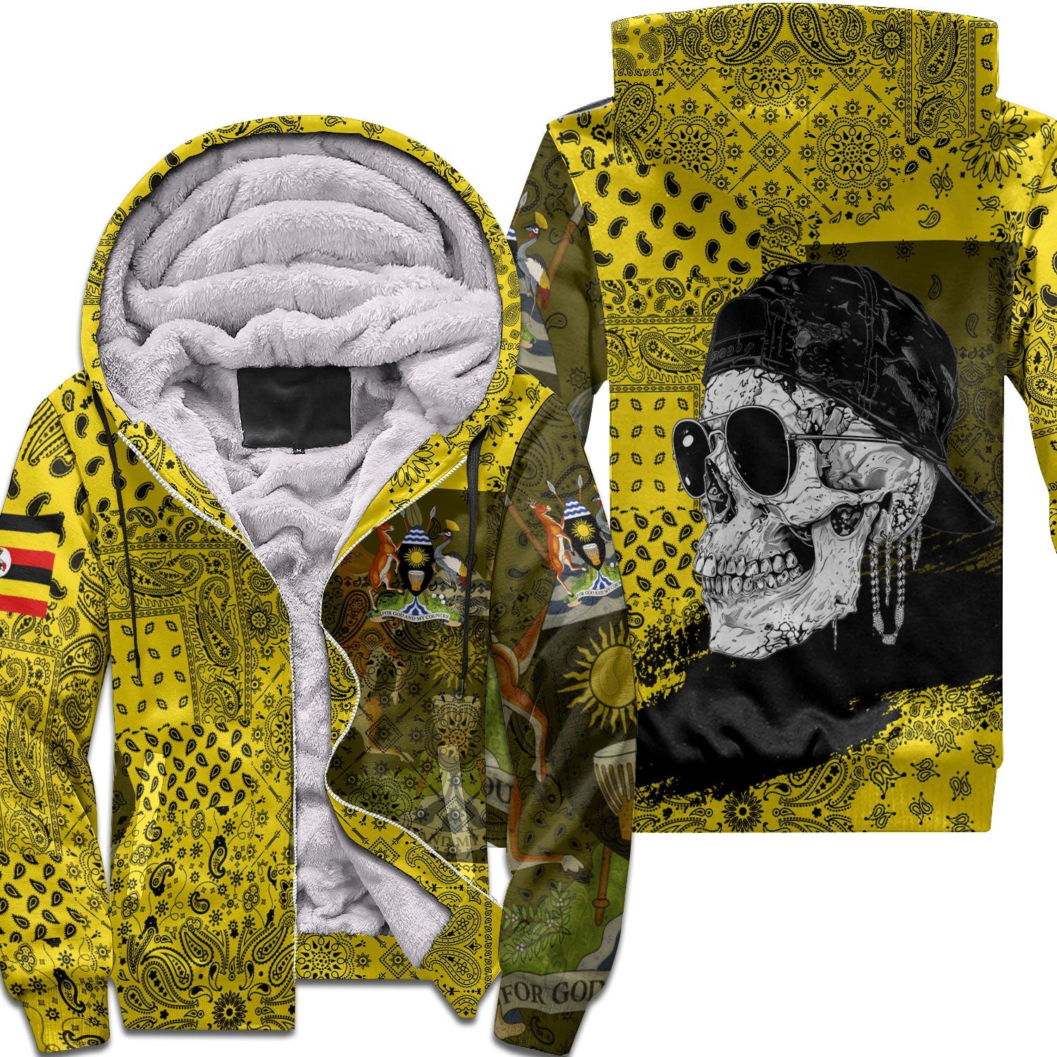 Uganda Sherpa Hoodie Paisley Flag And Skull Style 1