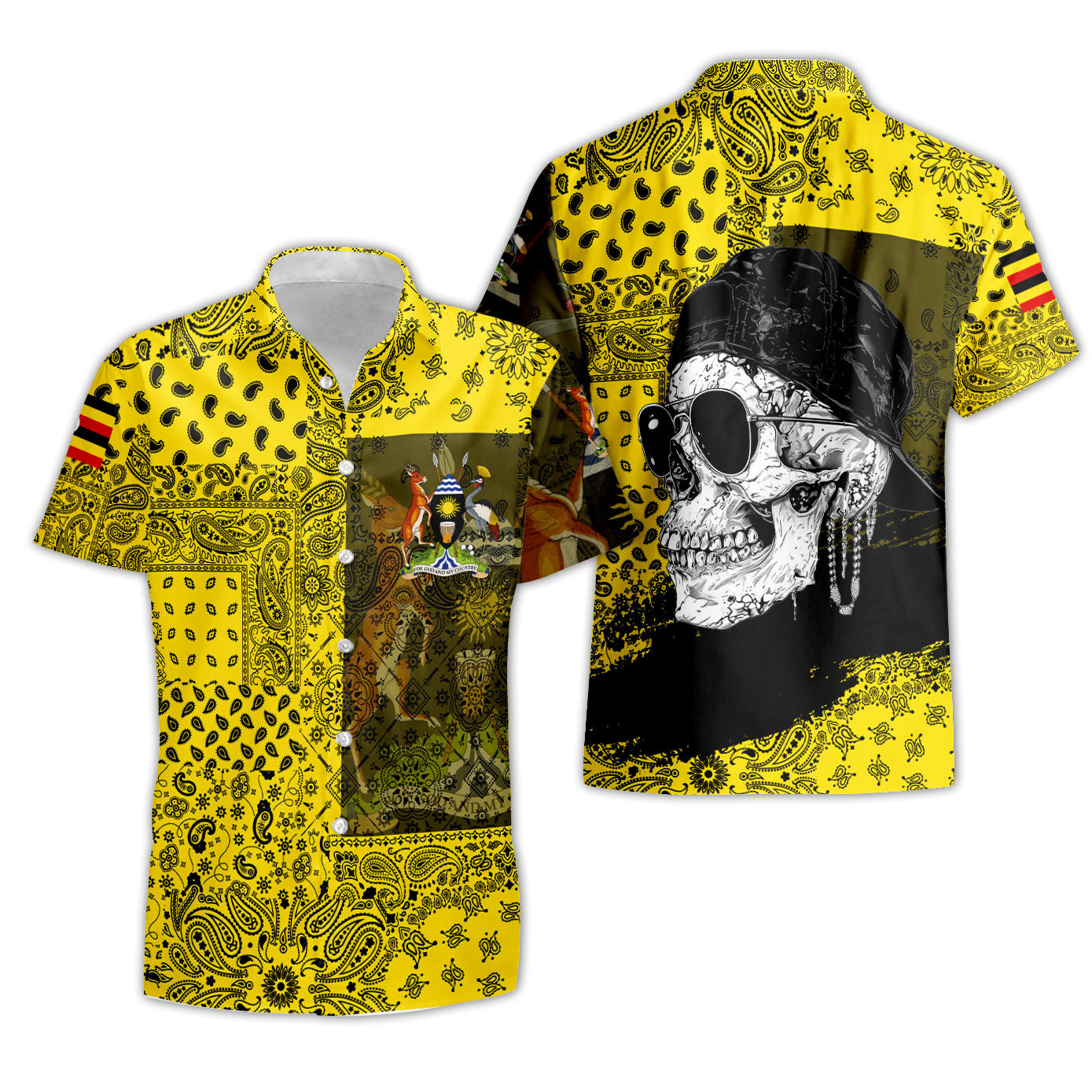 Uganda Short Sleeve Shirt Paisley Flag And Skull Style 3