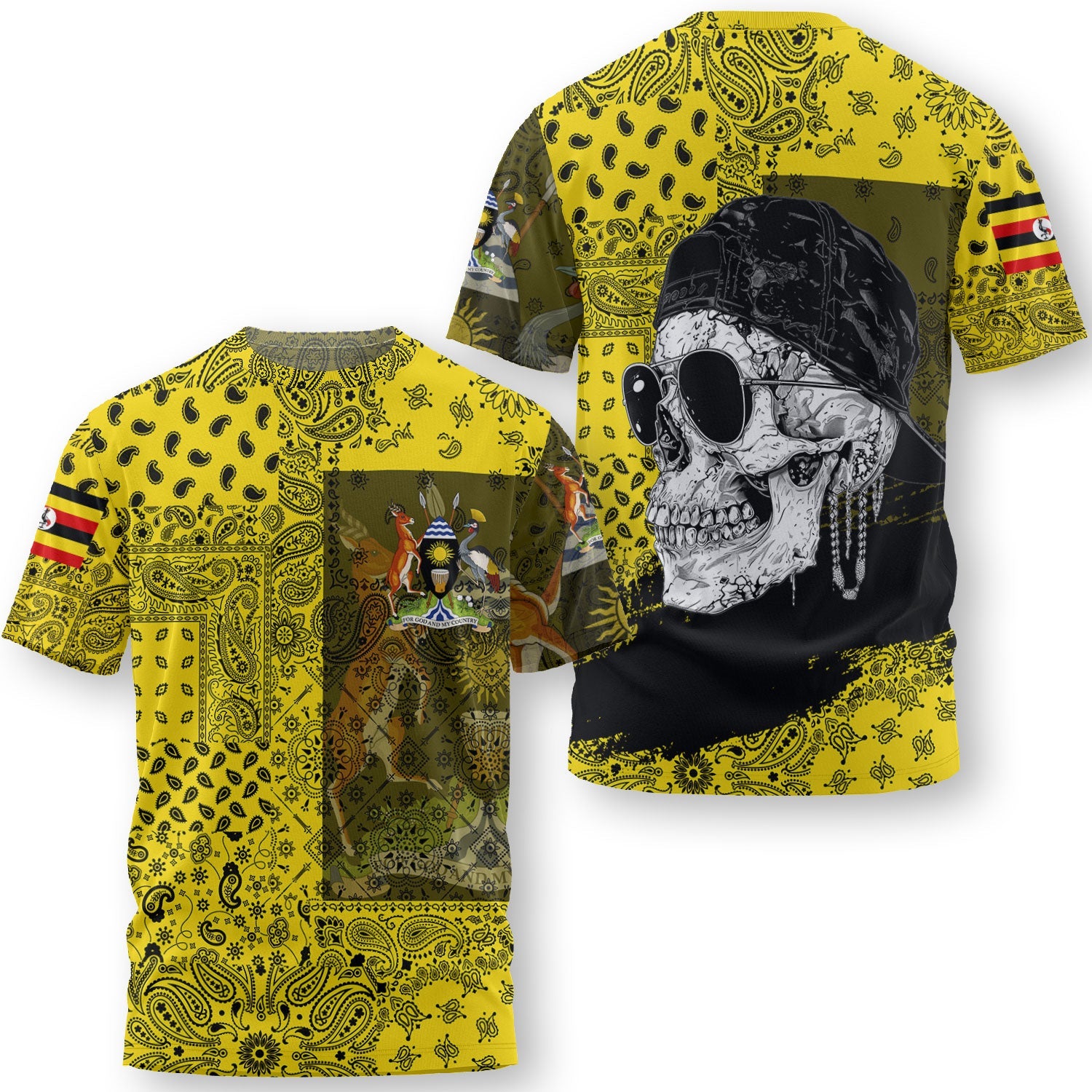 Uganda T Shirt Paisley Flag And Skull Style 3