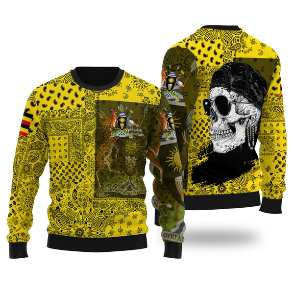 Uganda Ugly Sweater Paisley Flag And Skull Style 1