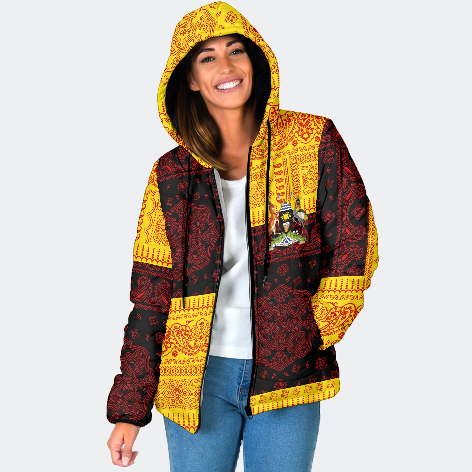 Uganda Women Hooded Padded Jacket Flag And Paisley Basic Style 1