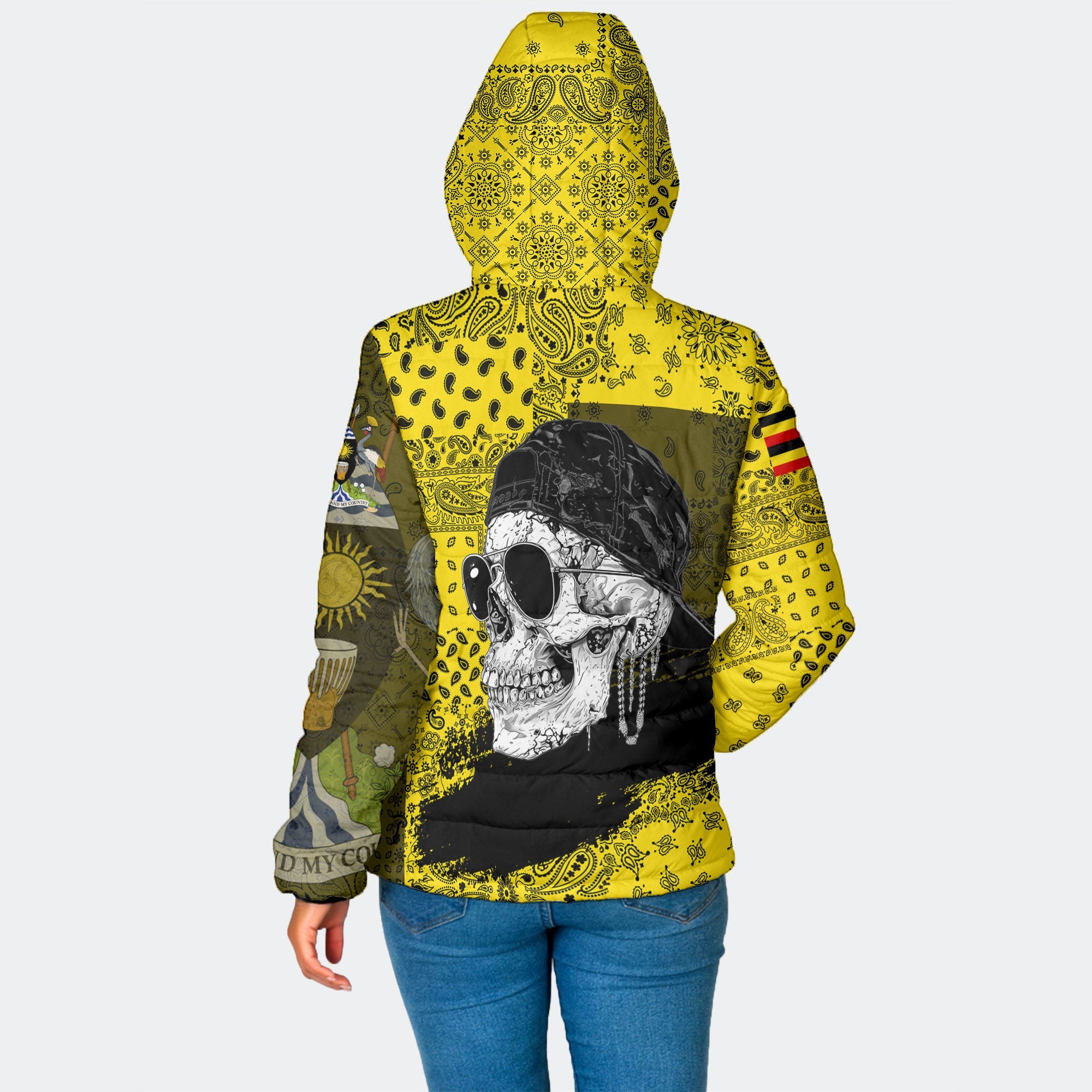 Uganda Women Hooded Padded Jacket Paisley Flag And Skull Style 2