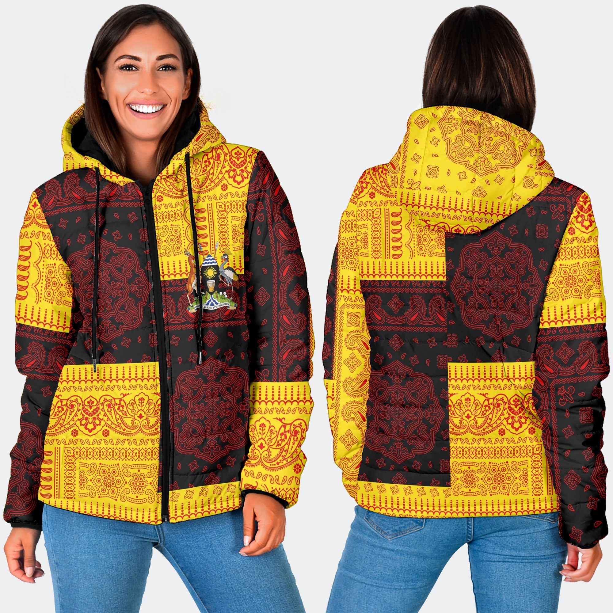 Uganda Women Hooded Padded Jacket Flag And Paisley Basic Style 3