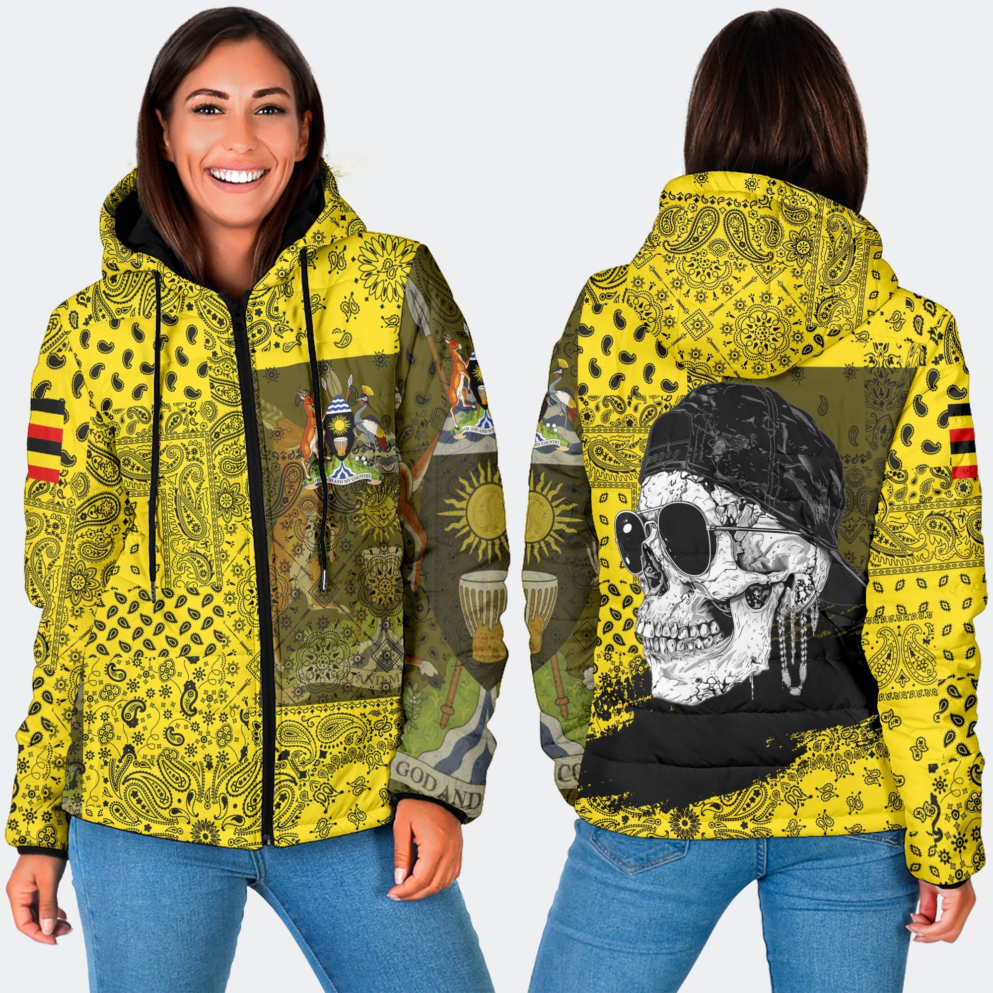 Uganda Women Hooded Padded Jacket Paisley Flag And Skull Style 3