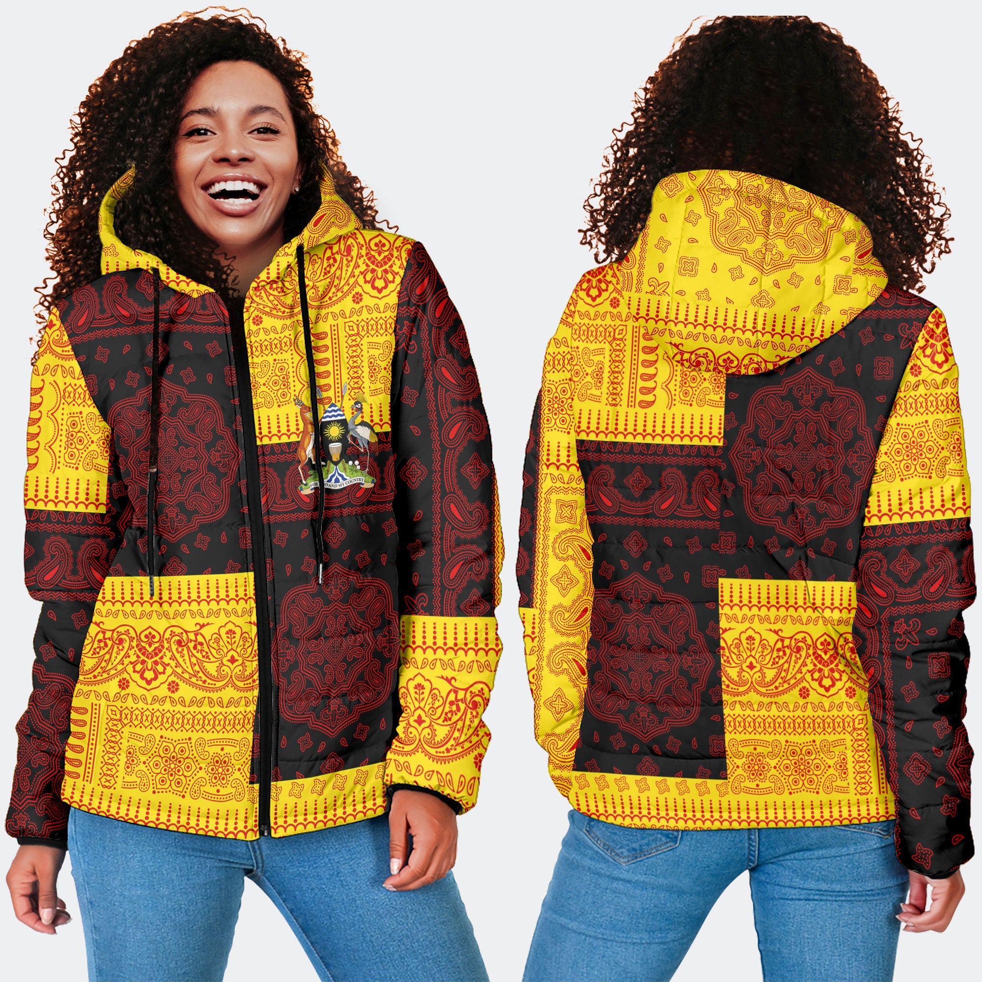 Uganda Women Hooded Padded Jacket Flag And Paisley Basic Style 4