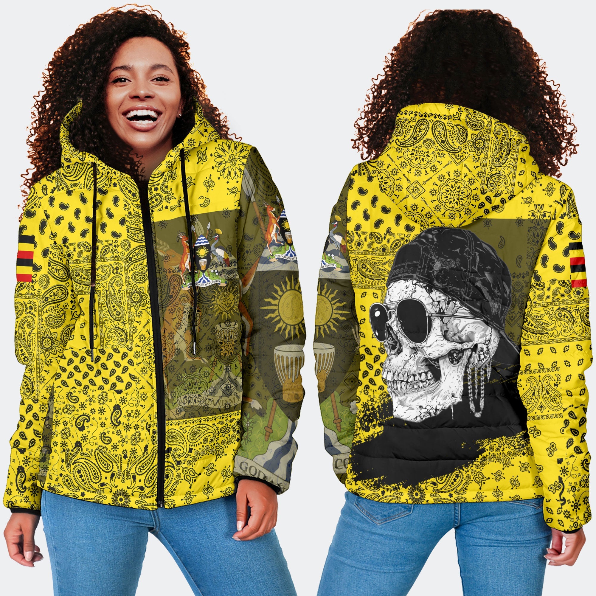 Uganda Women Hooded Padded Jacket Paisley Flag And Skull Style 4