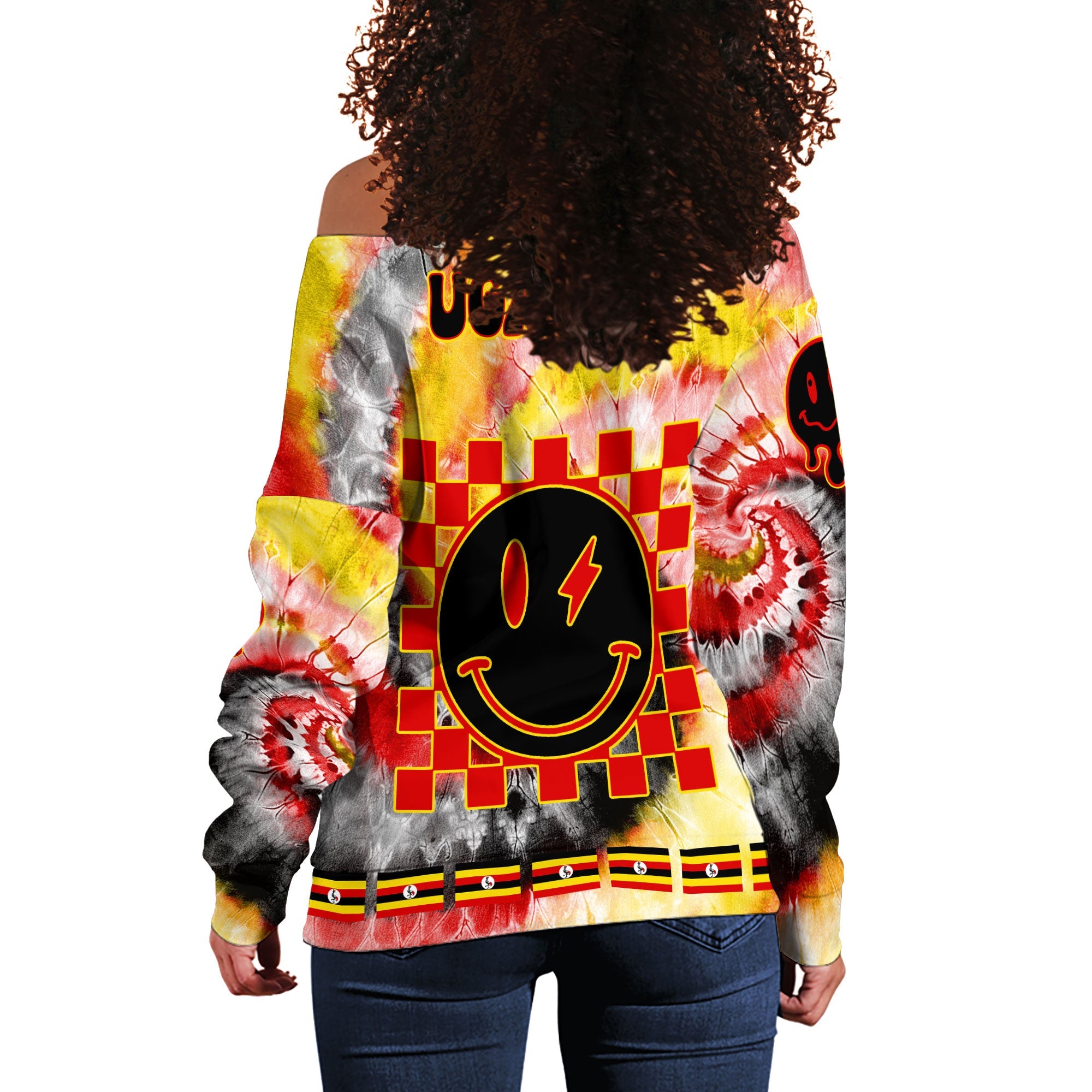 Uganda Women Off Shoulder Sweatshirt Custom Tie Dye Style 1