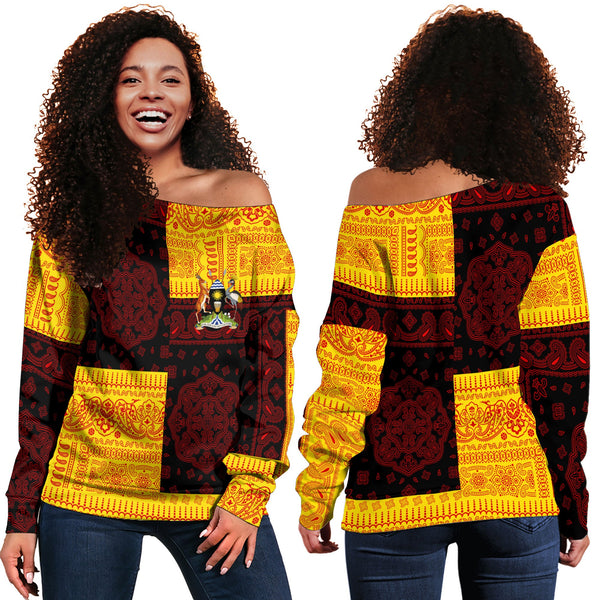 Uganda Women Off Shoulder Sweatshirt Flag And Paisley Basic Style 1