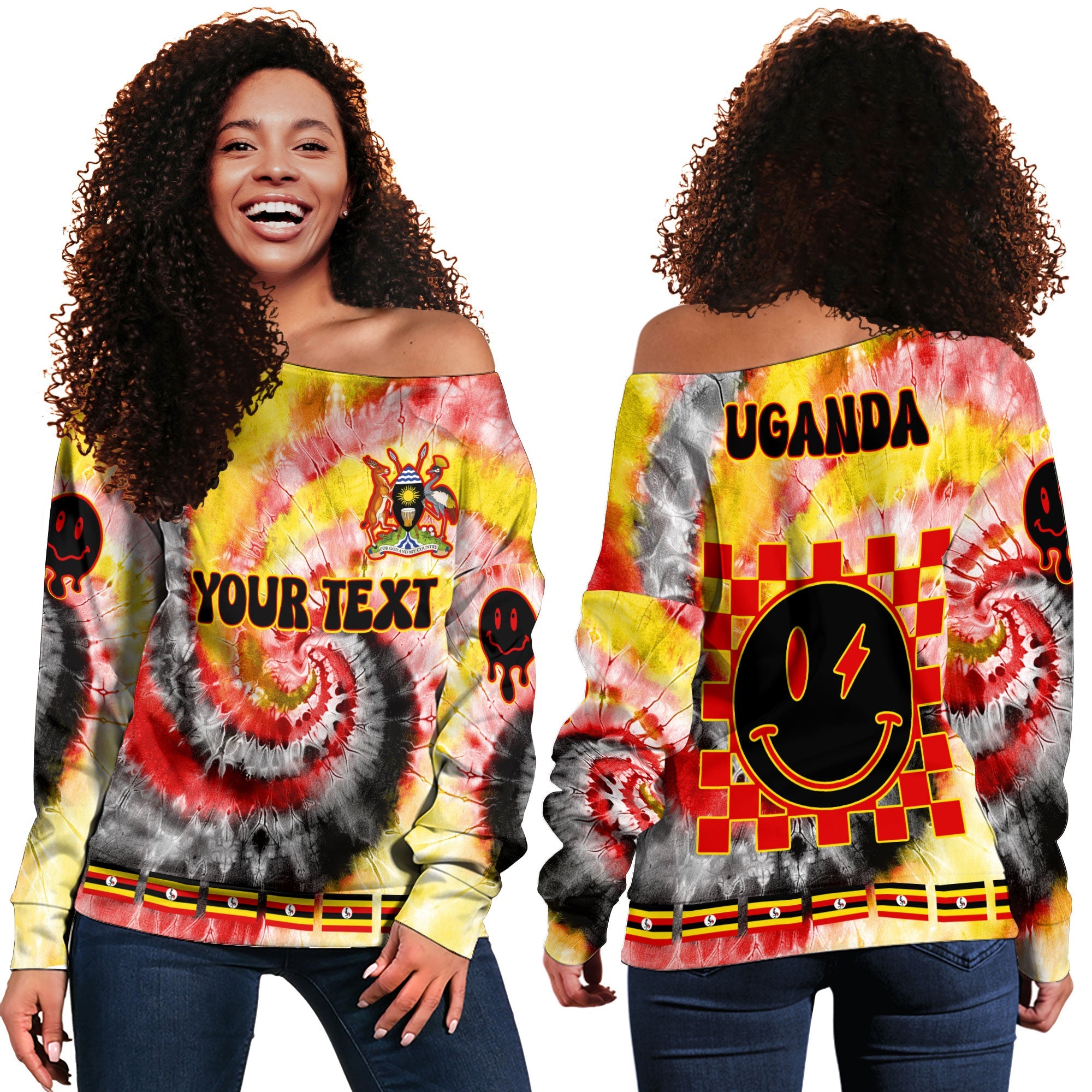 Uganda Women Off Shoulder Sweatshirt Custom Tie Dye Style 2