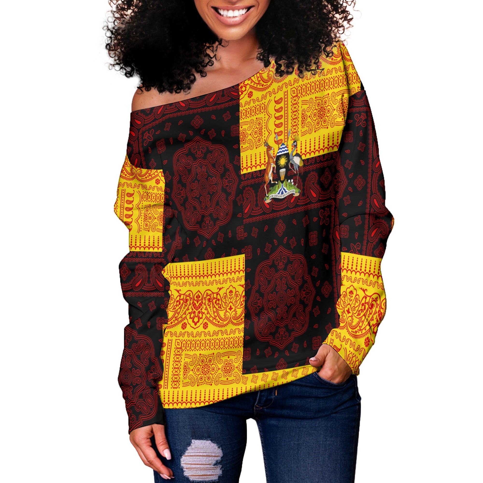 Uganda Women Off Shoulder Sweatshirt Flag And Paisley Basic Style 2