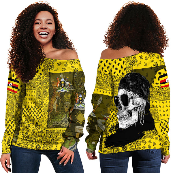 Uganda Women Off Shoulder Sweatshirt Paisley Flag And Skull Style 1