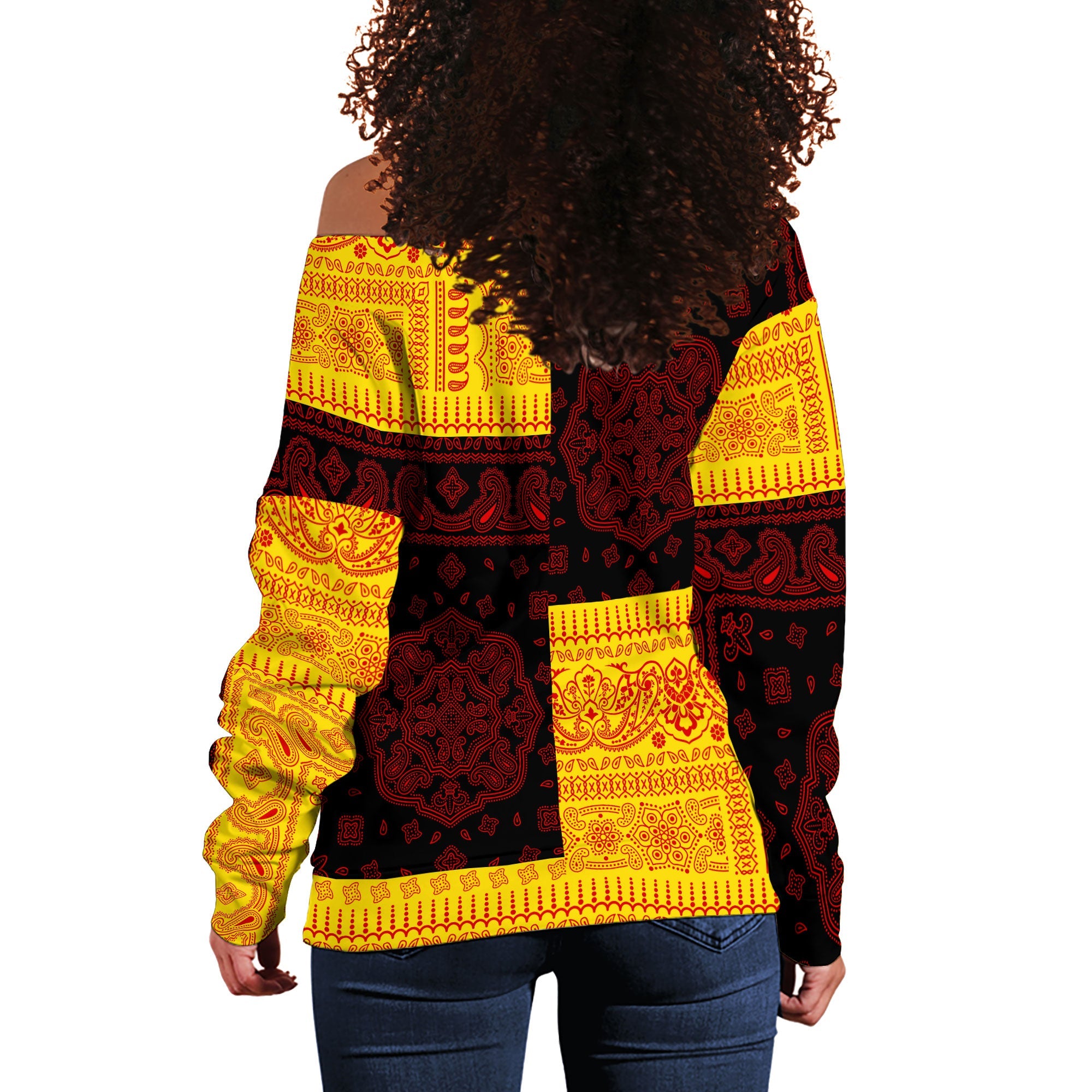 Uganda Women Off Shoulder Sweatshirt Flag And Paisley Basic Style 3