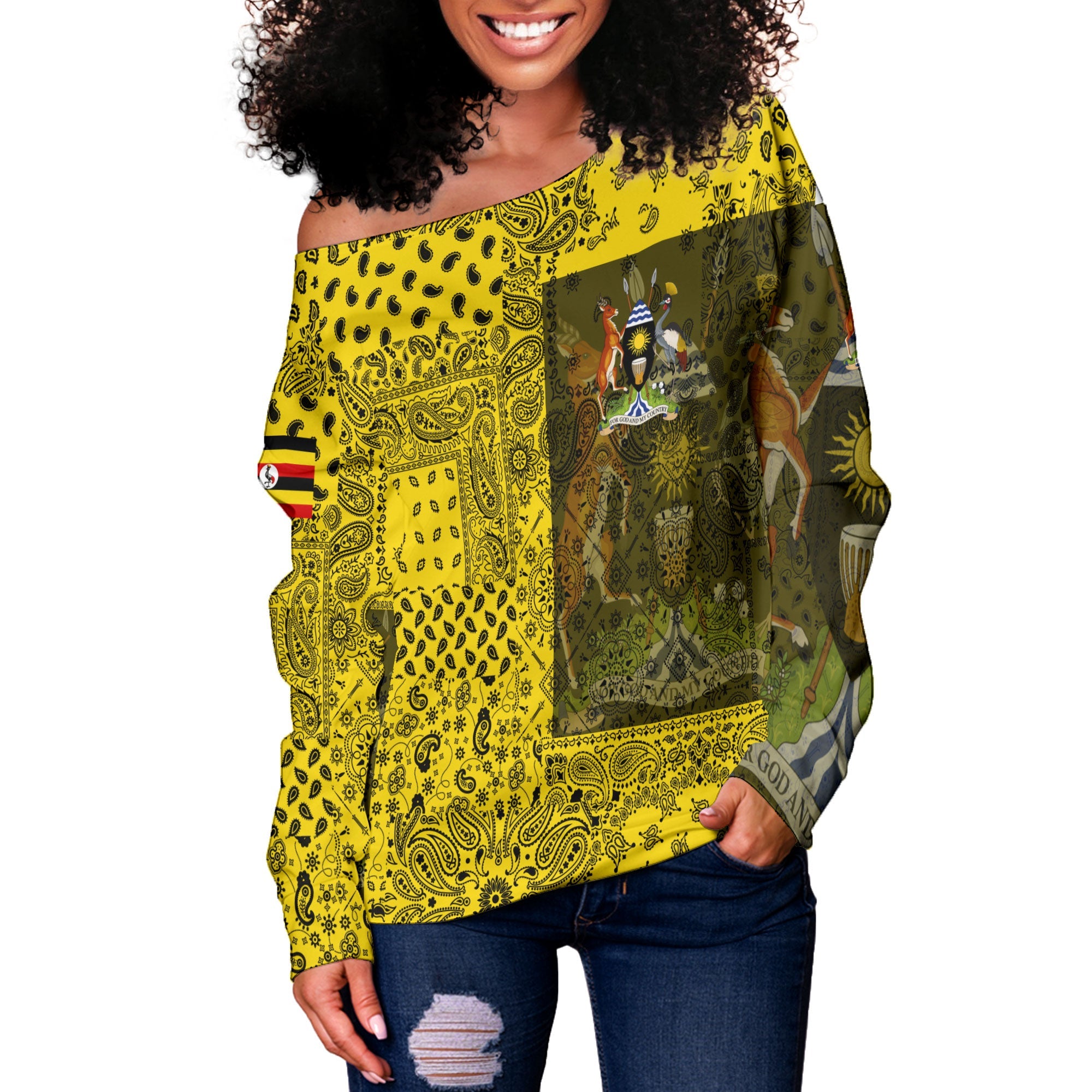 Uganda Women Off Shoulder Sweatshirt Paisley Flag And Skull Style 2