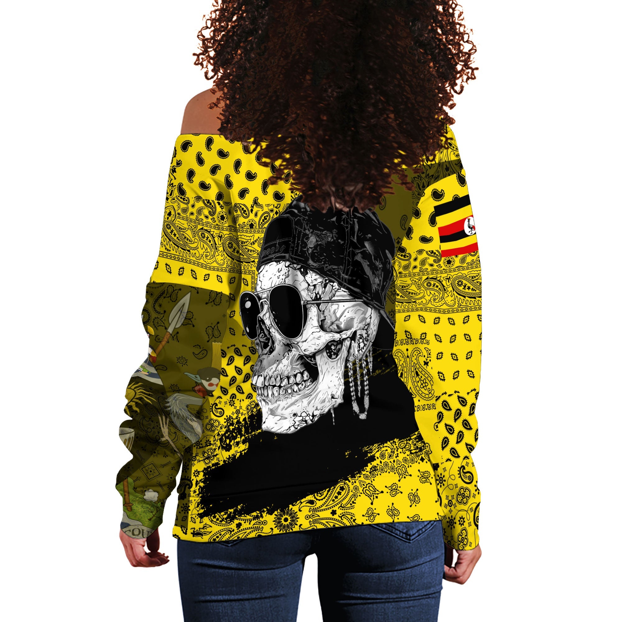 Uganda Women Off Shoulder Sweatshirt Paisley Flag And Skull Style 3