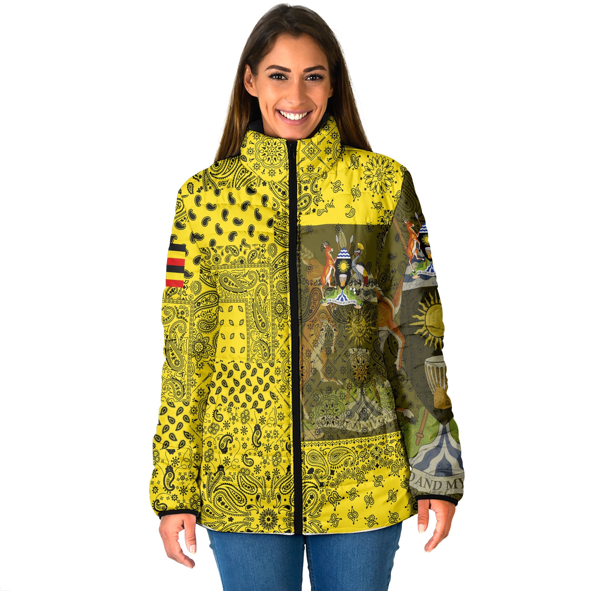 Uganda Women Padded Jacket Paisley Flag And Skull Style 1