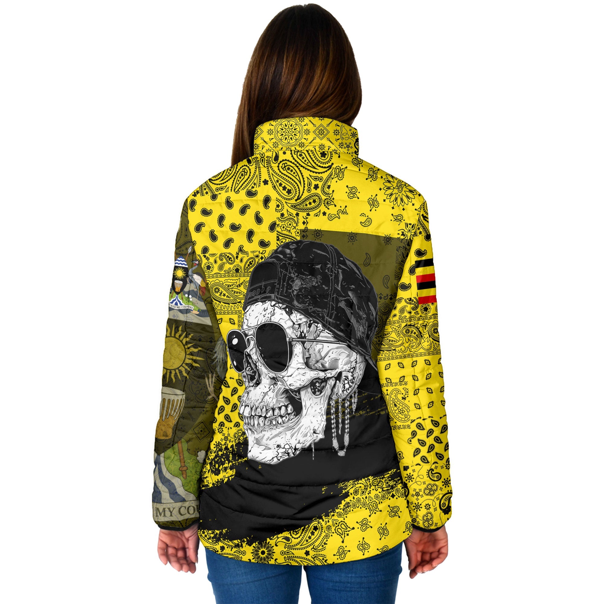 Uganda Women Padded Jacket Paisley Flag And Skull Style 2