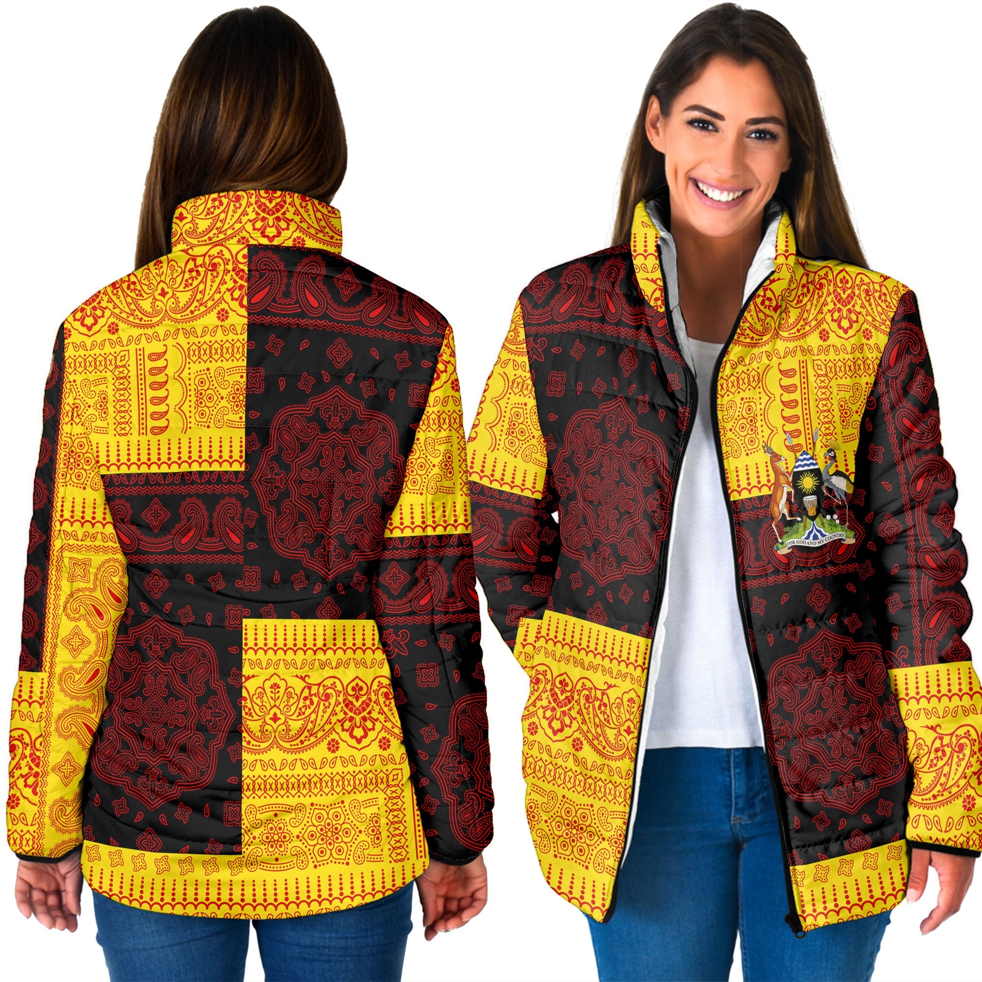 Uganda Women Padded Jacket Flag And Paisley Basic Style 3