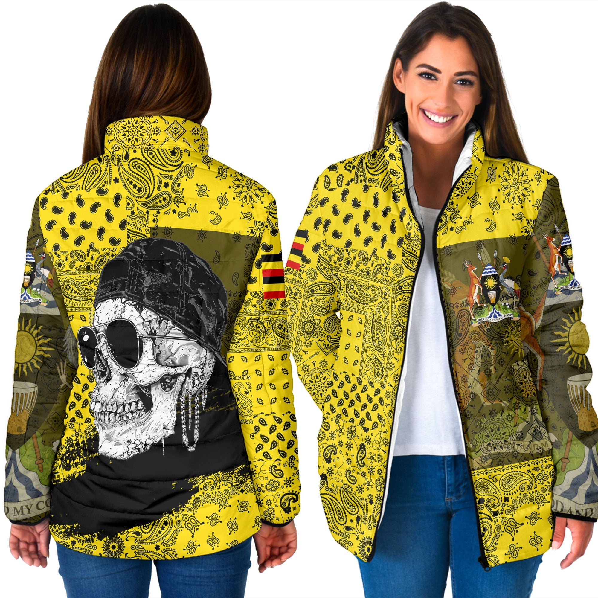 Uganda Women Padded Jacket Paisley Flag And Skull Style 3