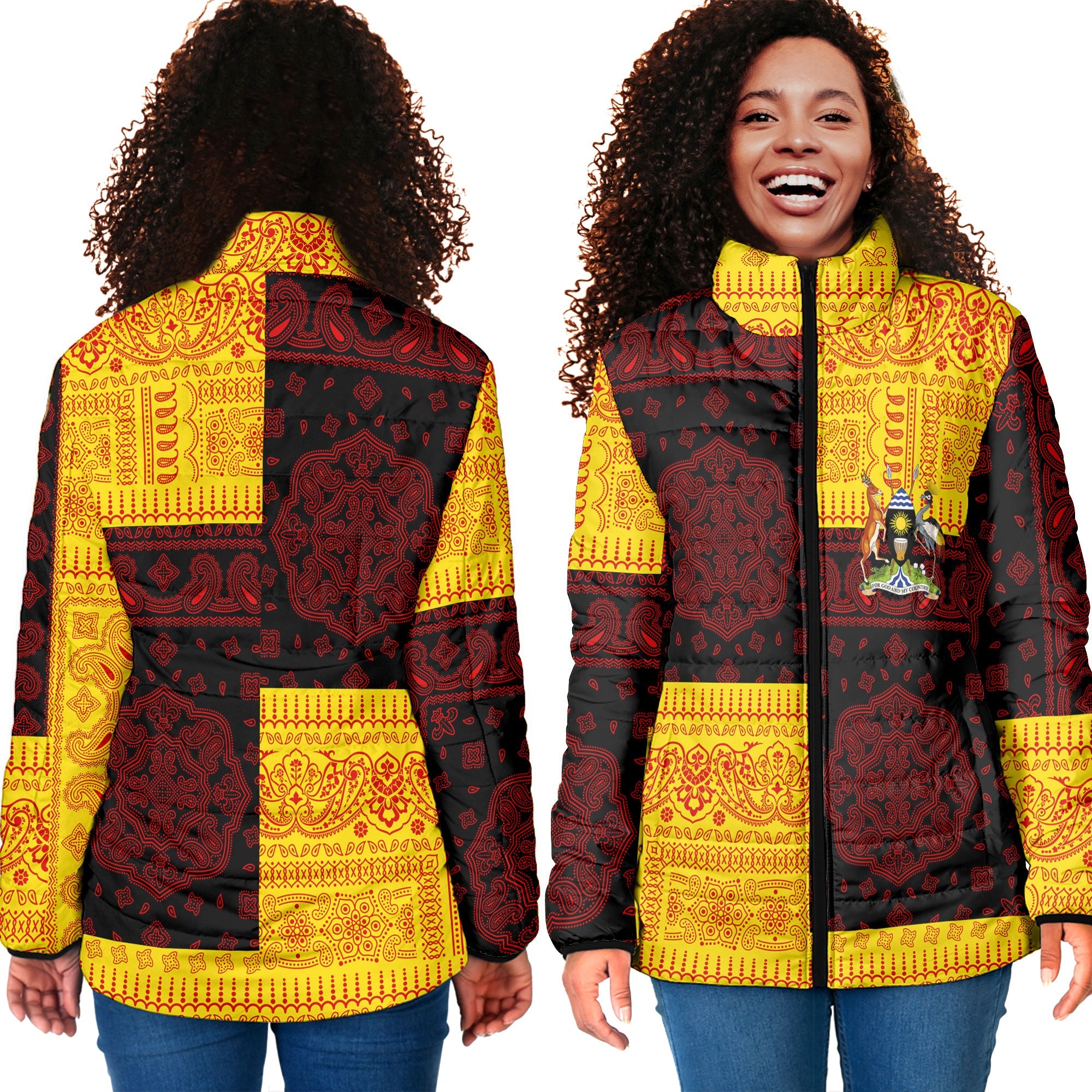 Uganda Women Padded Jacket Flag And Paisley Basic Style 4