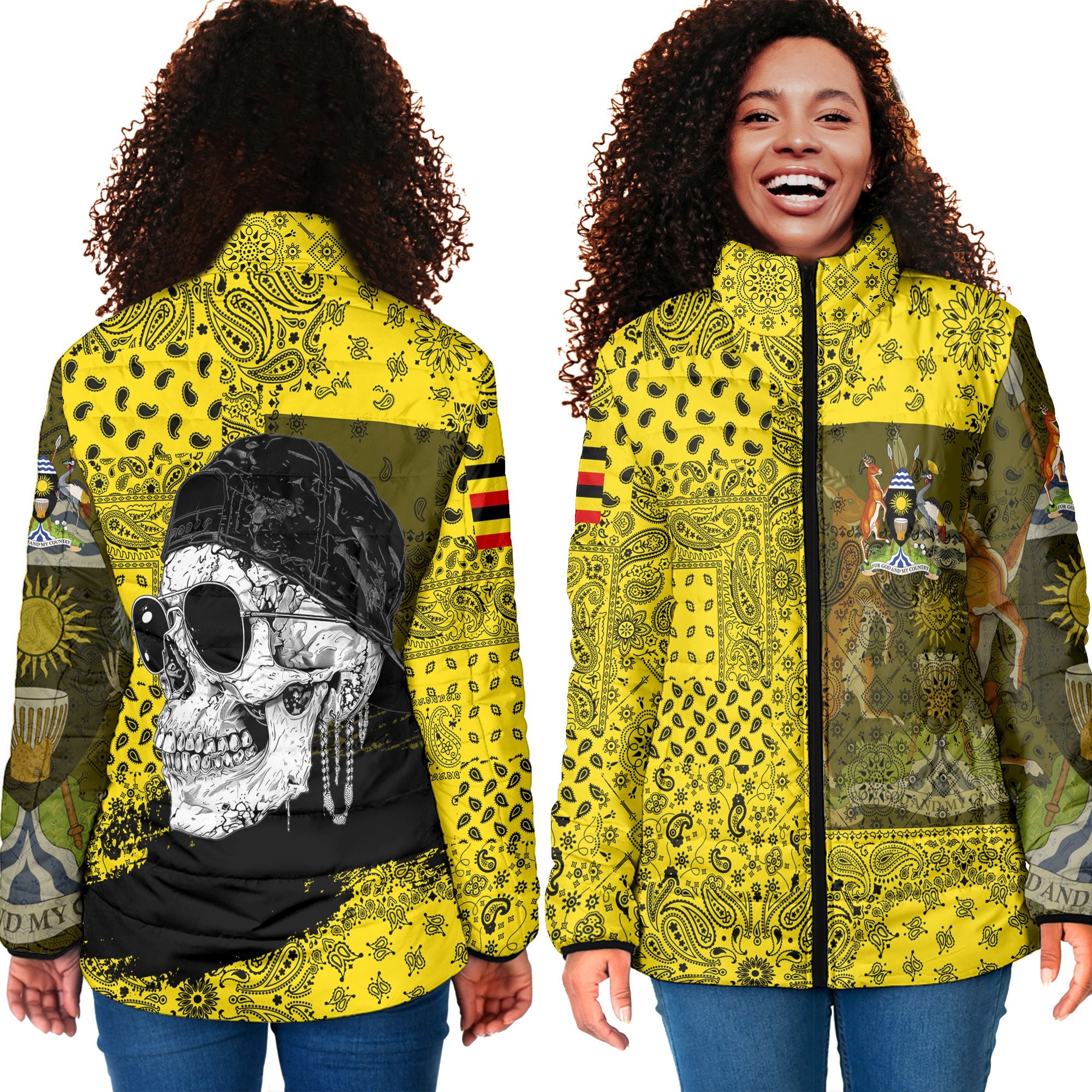 Uganda Women Padded Jacket Paisley Flag And Skull Style 4