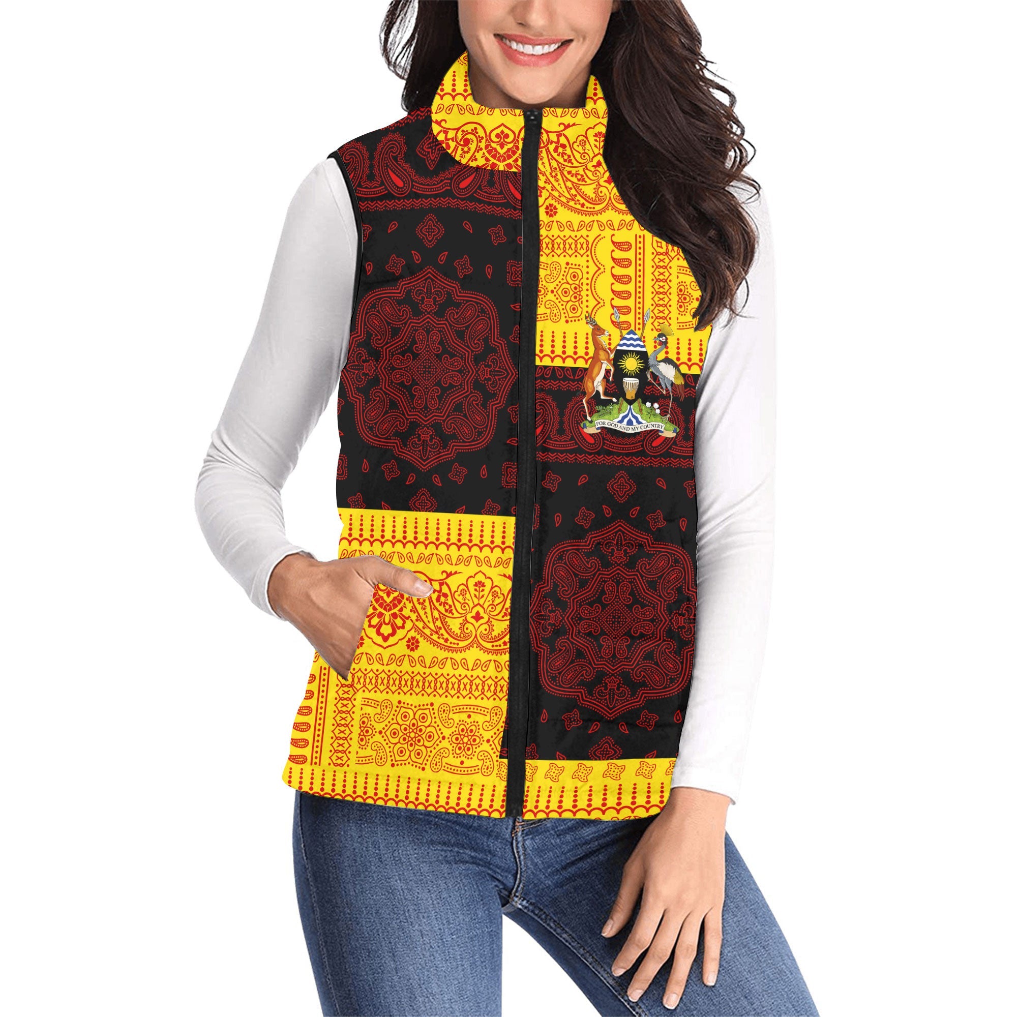 Uganda Women Padded Jacket Vest Flag And Paisley Basic Style 1