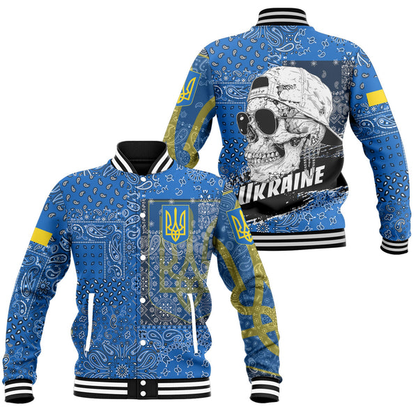 Ukraine Baseball Jacket Paisley Flag And Skull Style 1