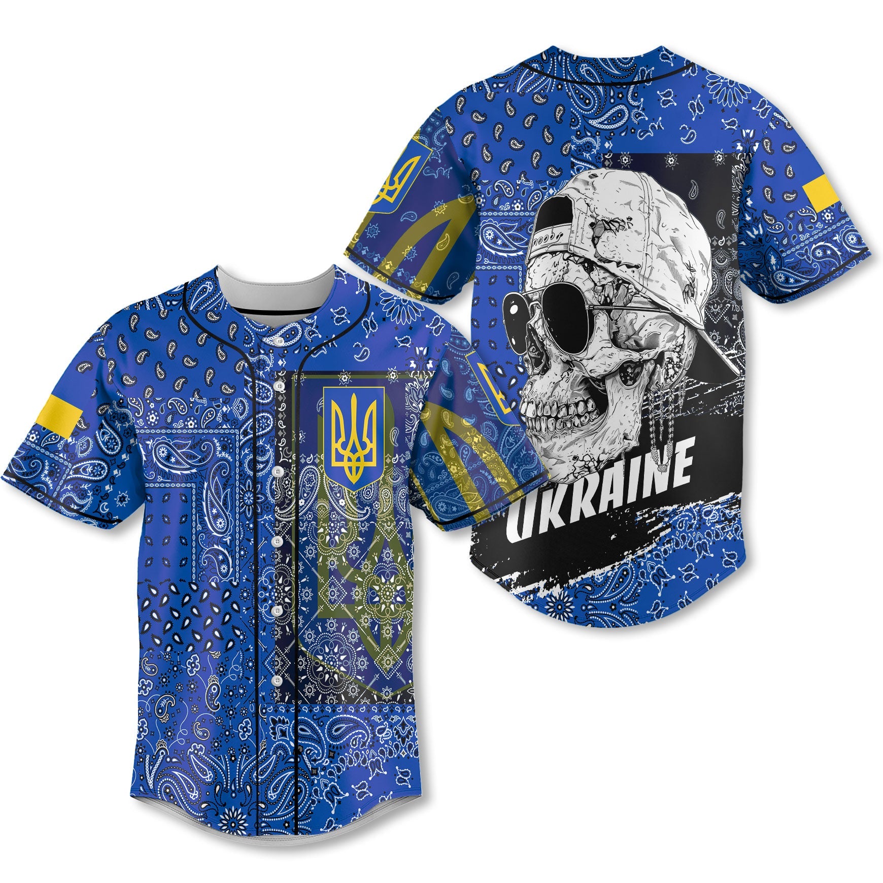 Ukraine Baseball Jersey Paisley Flag And Skull Style 1