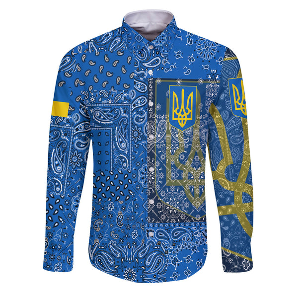 Ukraine Long Sleeve Button Shirt Paisley Flag And Skull Style 1