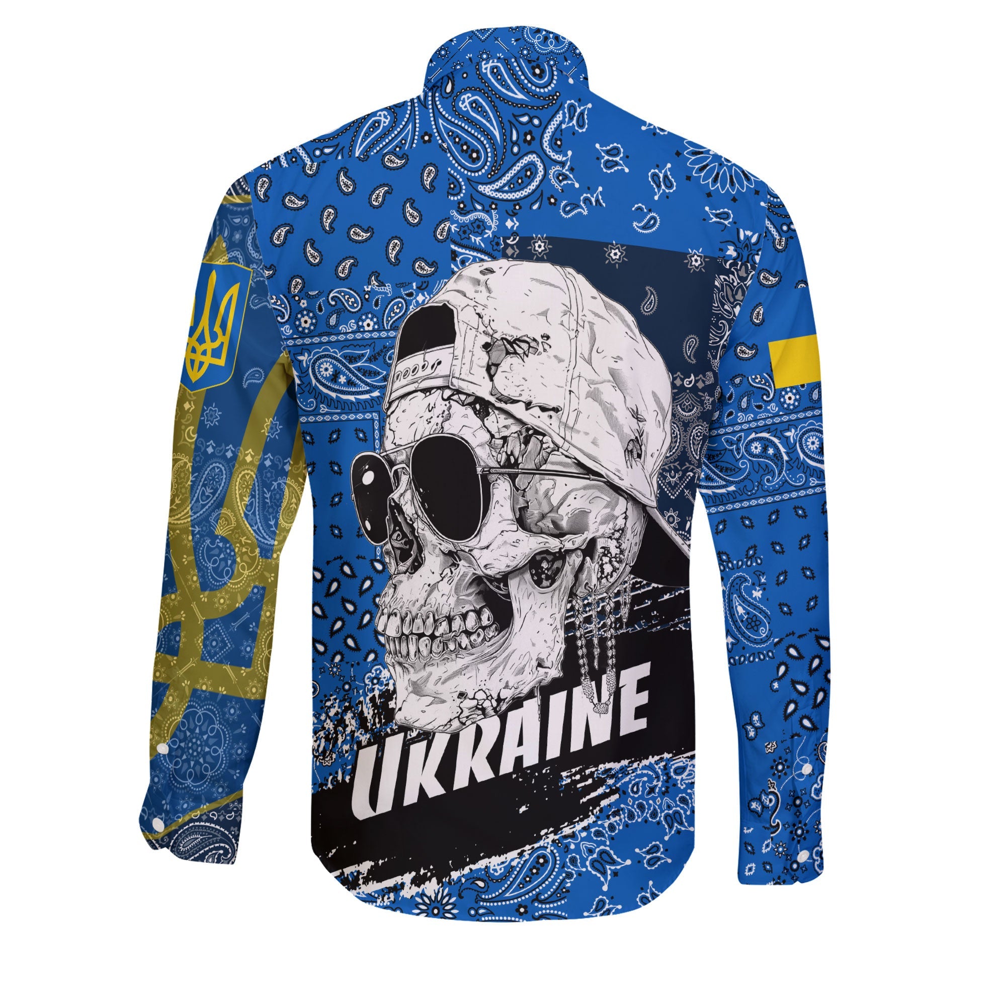 Ukraine Long Sleeve Button Shirt Paisley Flag And Skull Style 2