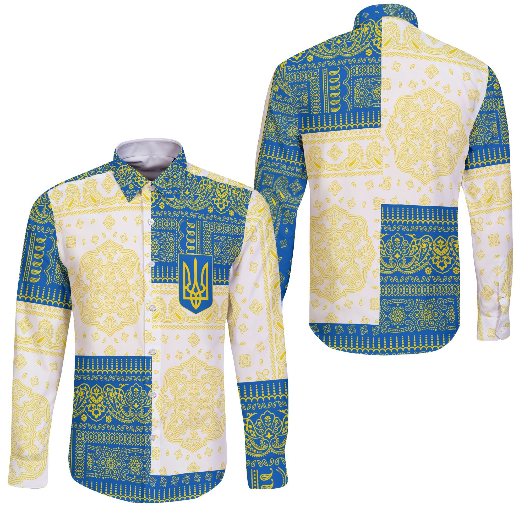 Ukraine Long Sleeve Button Shirt Flag And Paisley Basic Style 3