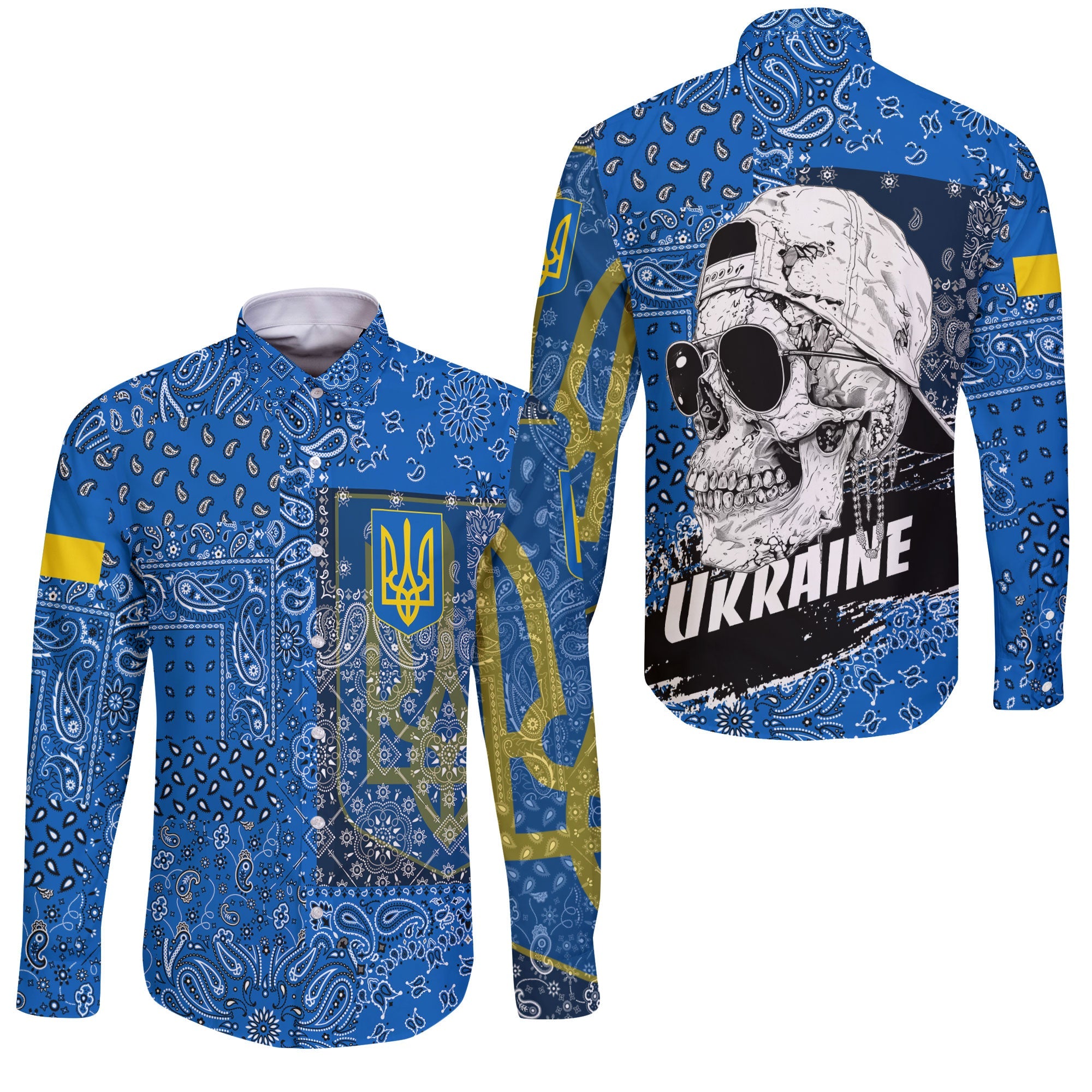 Ukraine Long Sleeve Button Shirt Paisley Flag And Skull Style 3