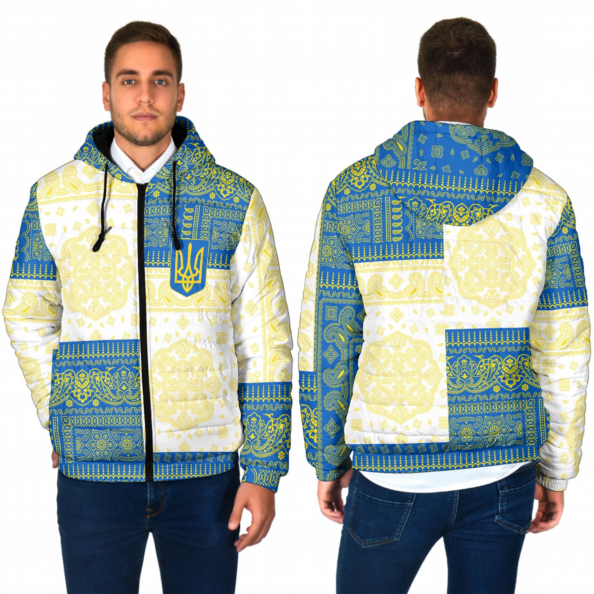 Ukraine Men Hooded Padded Jacket Flag And Paisley Basic Style 1