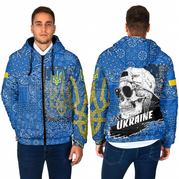 Ukraine Men Hooded Padded Jacket Paisley Flag And Skull Style 1