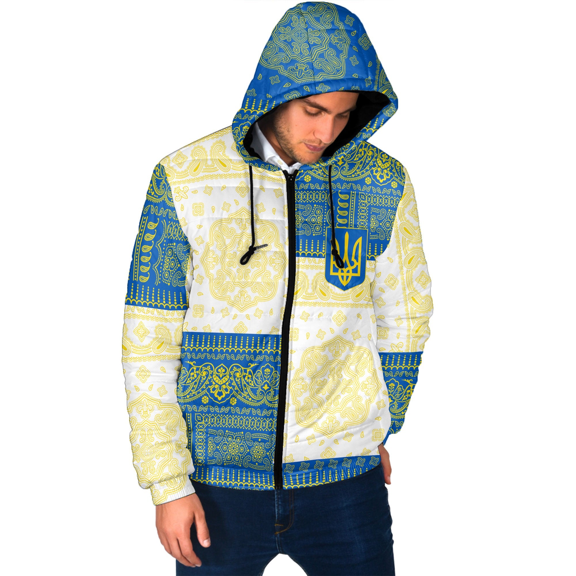 Ukraine Men Hooded Padded Jacket Flag And Paisley Basic Style 2