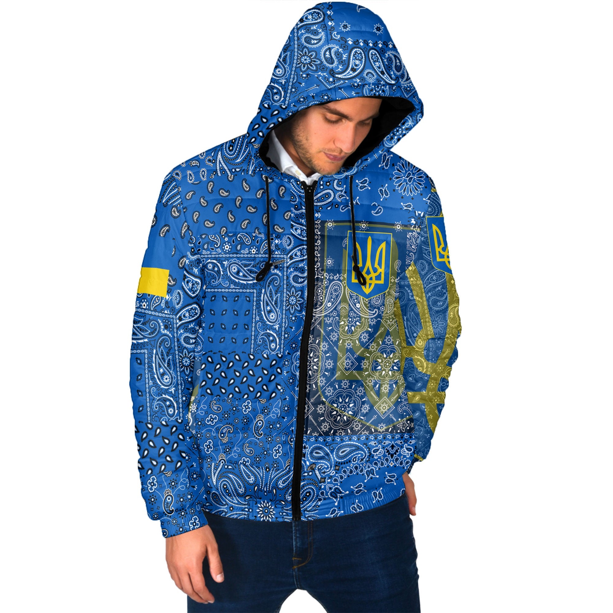 Ukraine Men Hooded Padded Jacket Paisley Flag And Skull Style 2