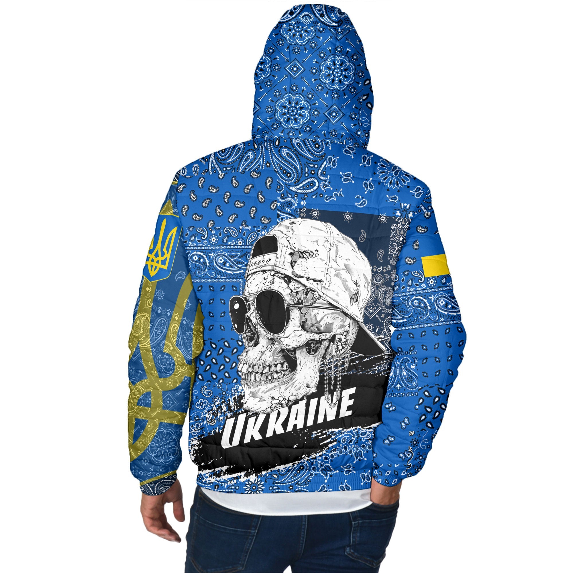 Ukraine Men Hooded Padded Jacket Paisley Flag And Skull Style 3