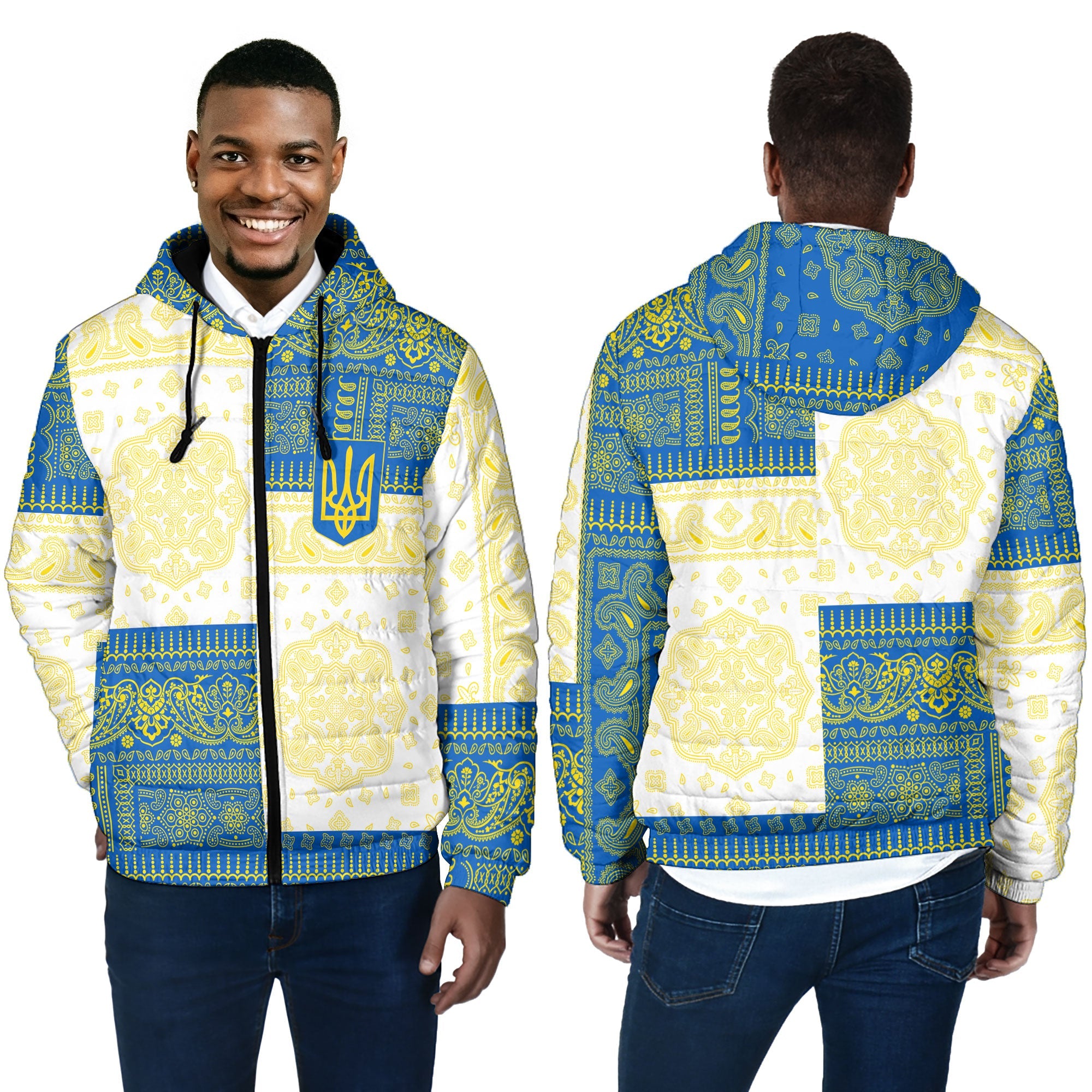 Ukraine Men Hooded Padded Jacket Flag And Paisley Basic Style 4