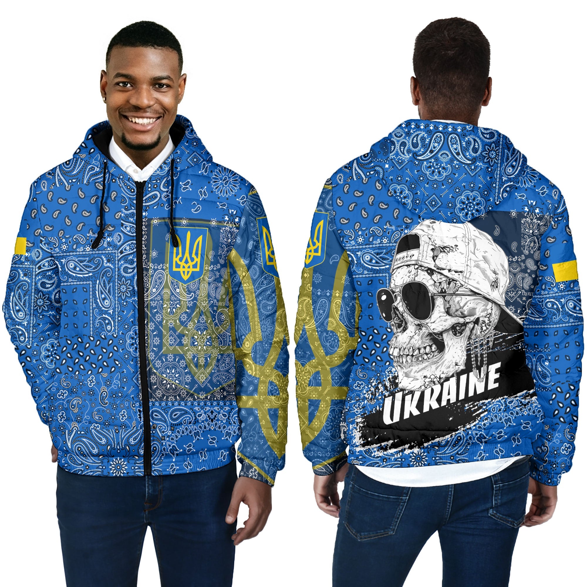 Ukraine Men Hooded Padded Jacket Paisley Flag And Skull Style 4