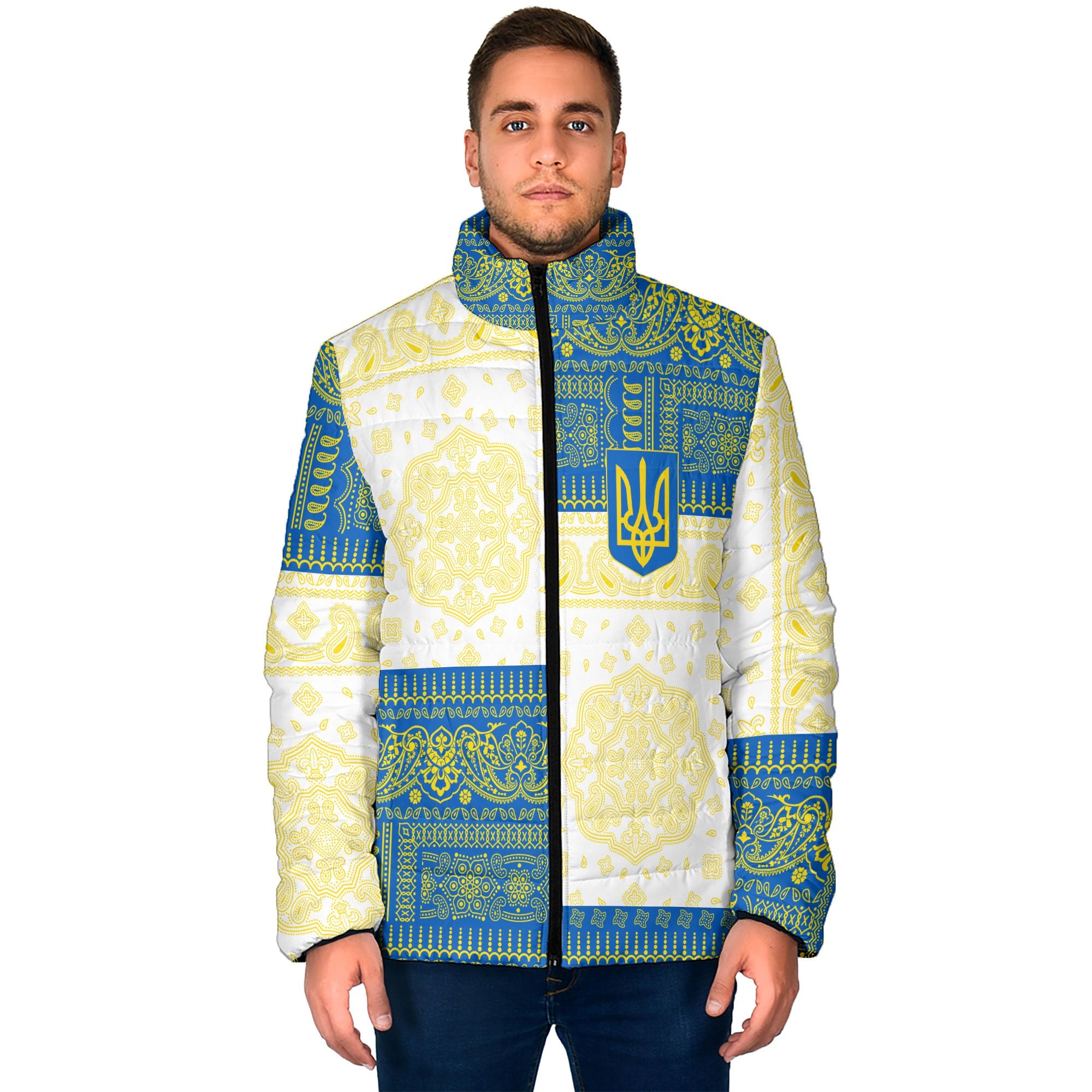 Ukraine Men Padded Jacket Flag And Paisley Basic Style 1