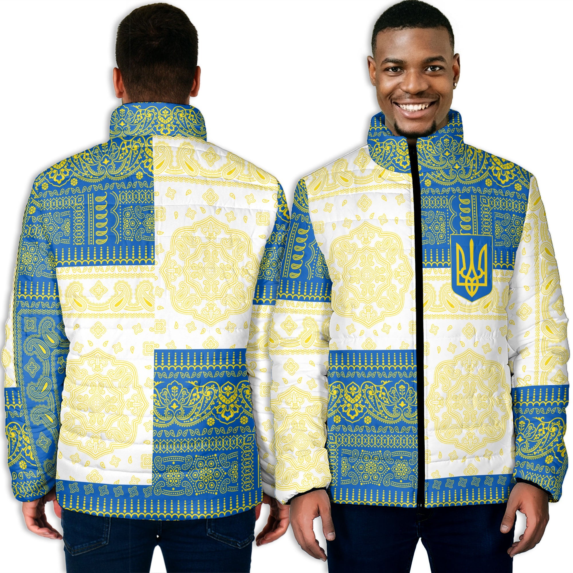 Ukraine Men Padded Jacket Flag And Paisley Basic Style 3