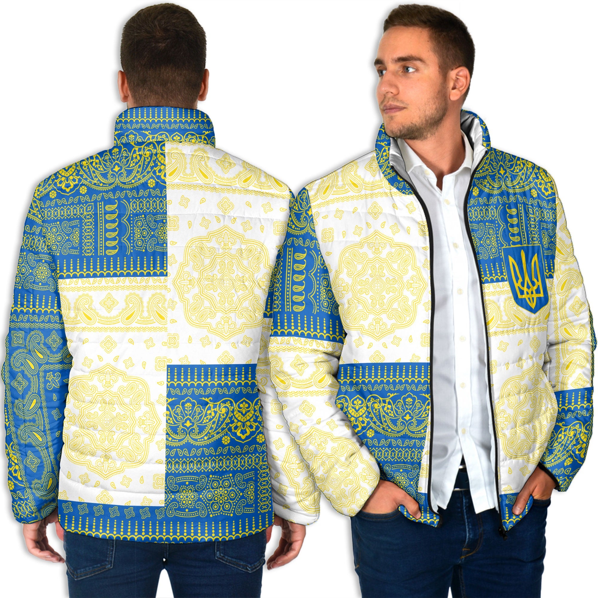 Ukraine Men Padded Jacket Flag And Paisley Basic Style 4