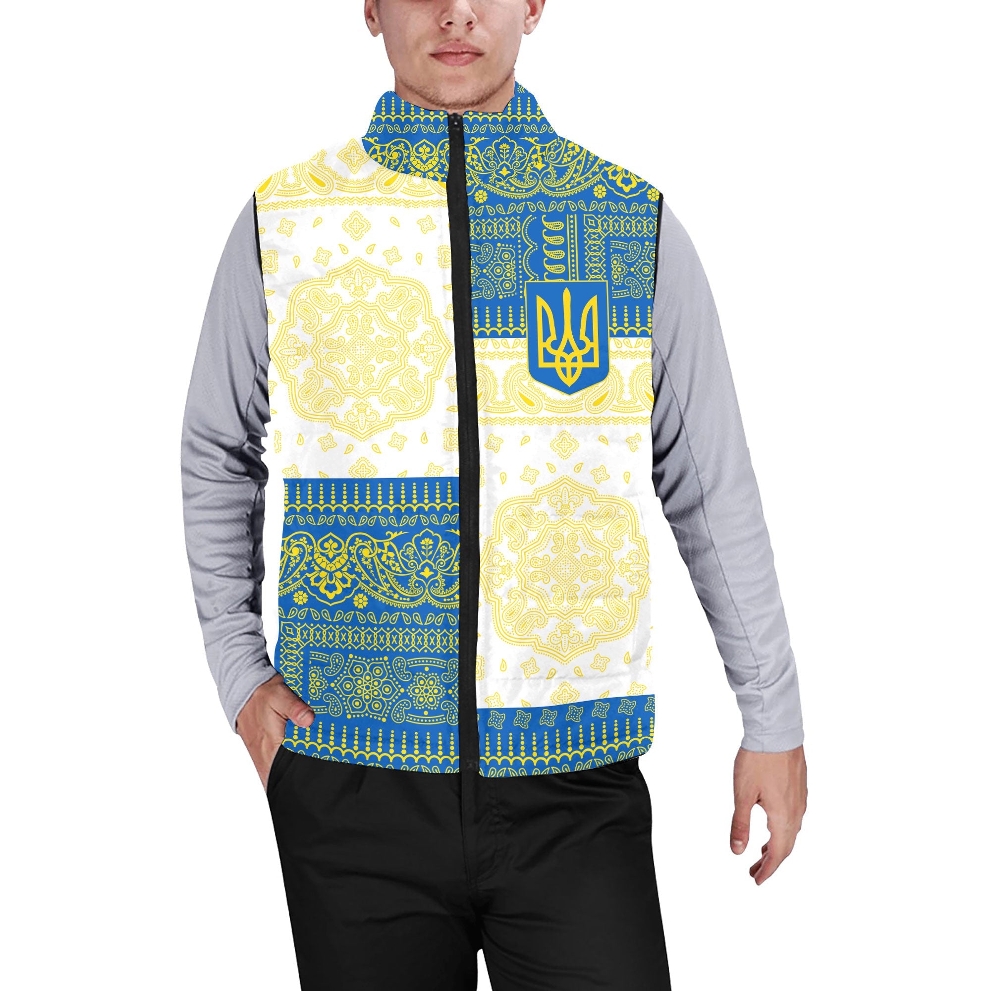 Ukraine Men Padded Jacket Vest Flag And Paisley Basic Style 1