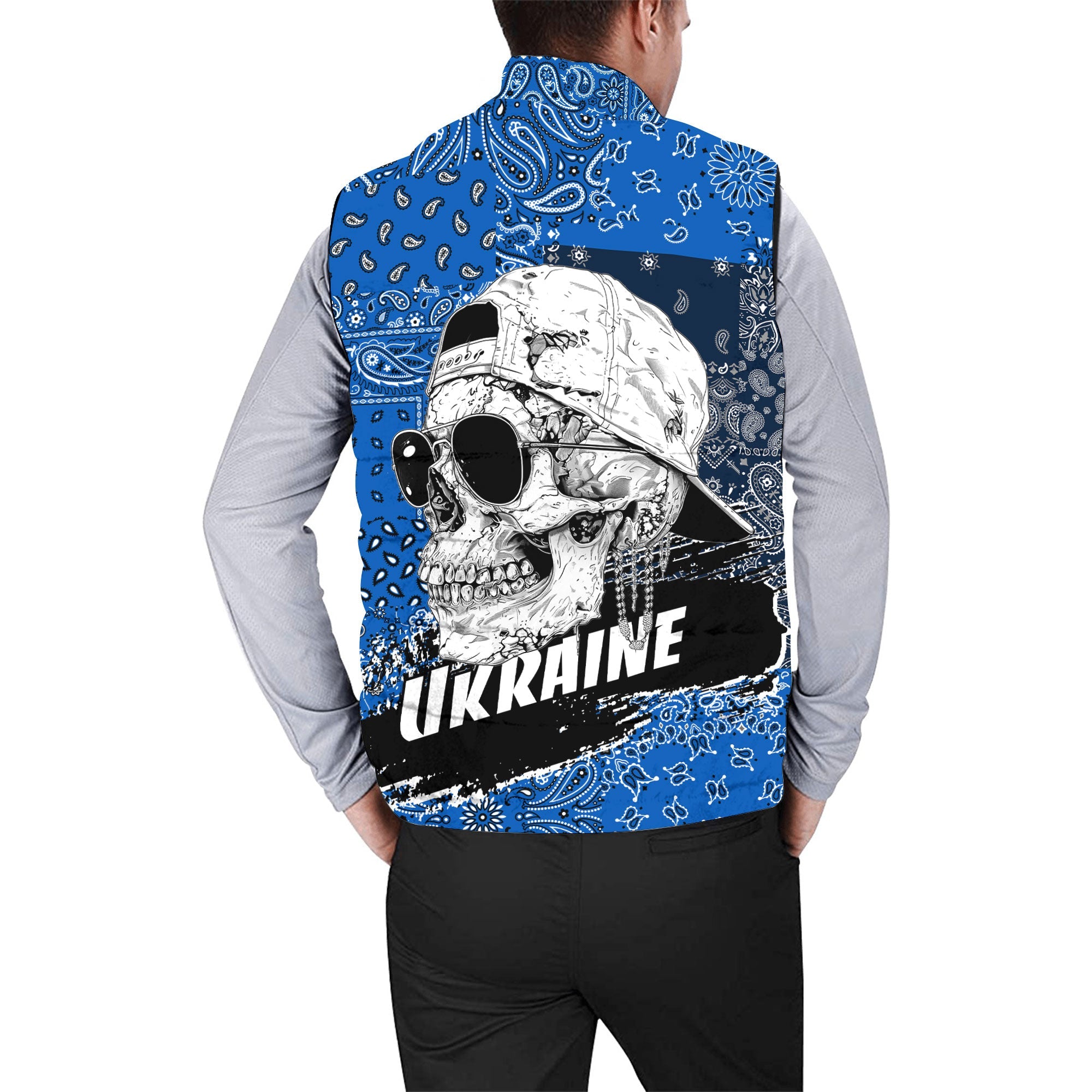 Ukraine Men Padded Jacket Vest Paisley Flag And Skull Style 2