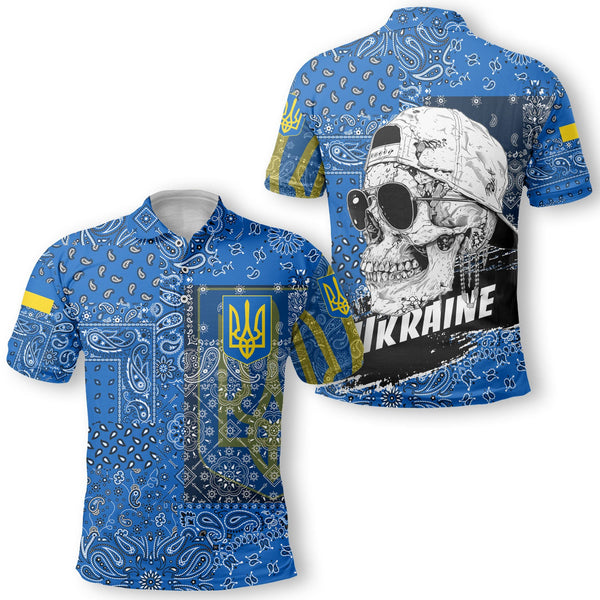 Ukraine Polo Shirt Paisley Flag And Skull Style 1