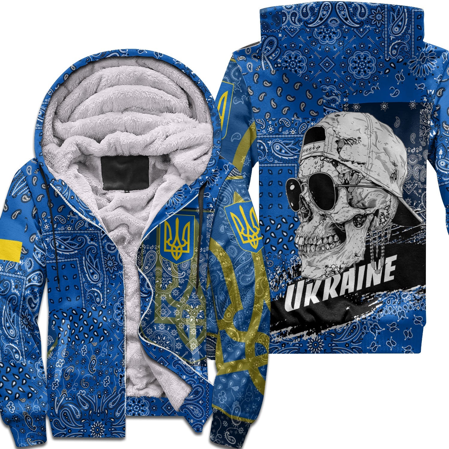 Ukraine Sherpa Hoodie Paisley Flag And Skull Style 1