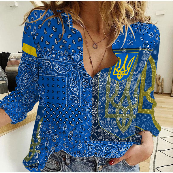 Ukraine Women Casual Shirt Paisley Flag And Skull Style 1