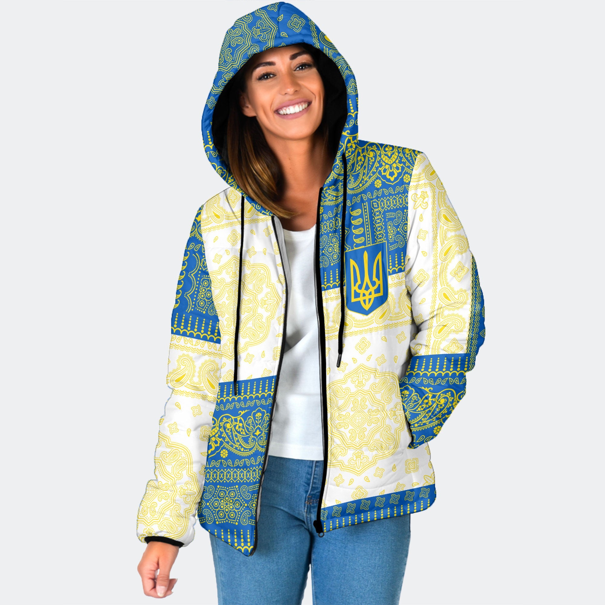 Ukraine Women Hooded Padded Jacket Flag And Paisley Basic Style 1