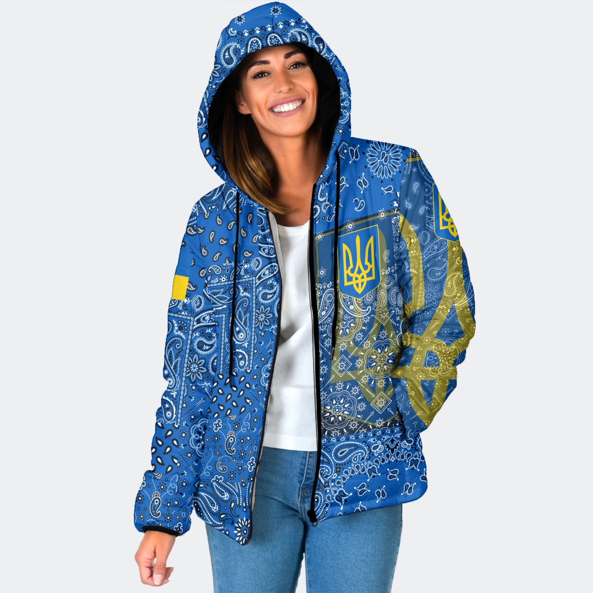 Ukraine Women Hooded Padded Jacket Paisley Flag And Skull Style 1