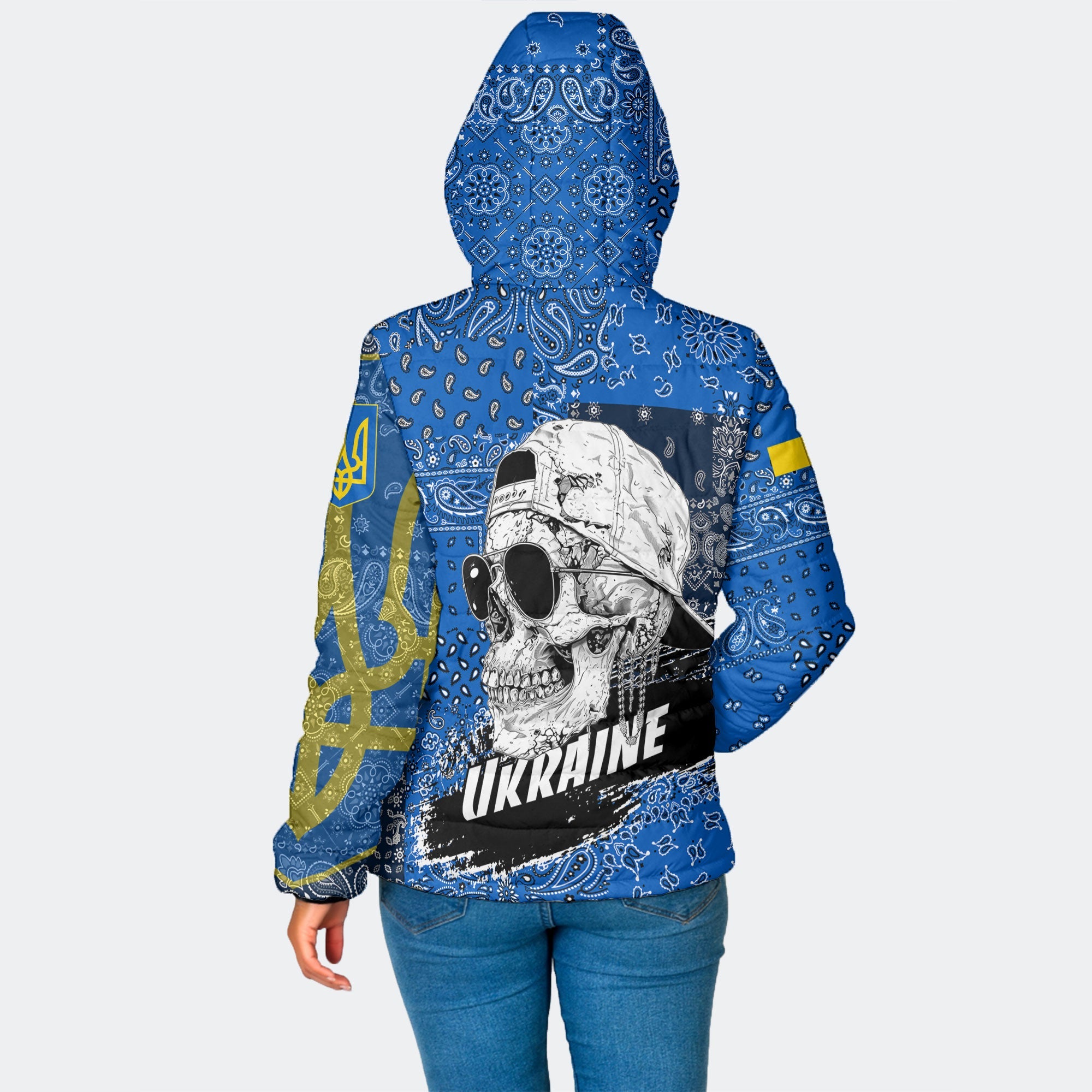 Ukraine Women Hooded Padded Jacket Paisley Flag And Skull Style 2