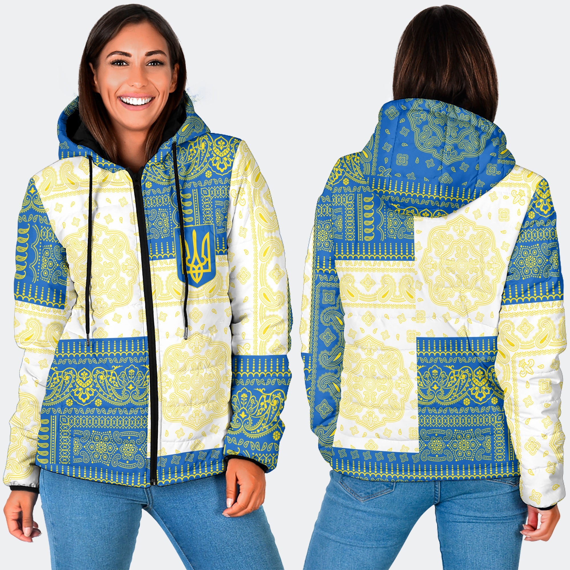 Ukraine Women Hooded Padded Jacket Flag And Paisley Basic Style 3